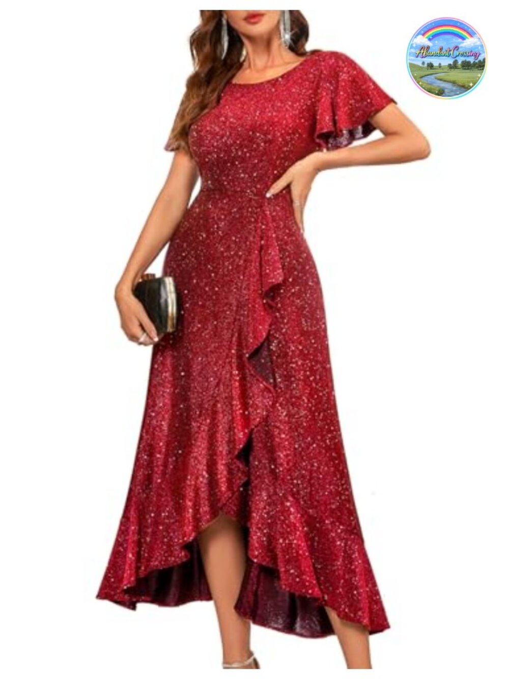 BeryLove Sequin Formal High Low Dress Flutter Sleeve Wedding Guest